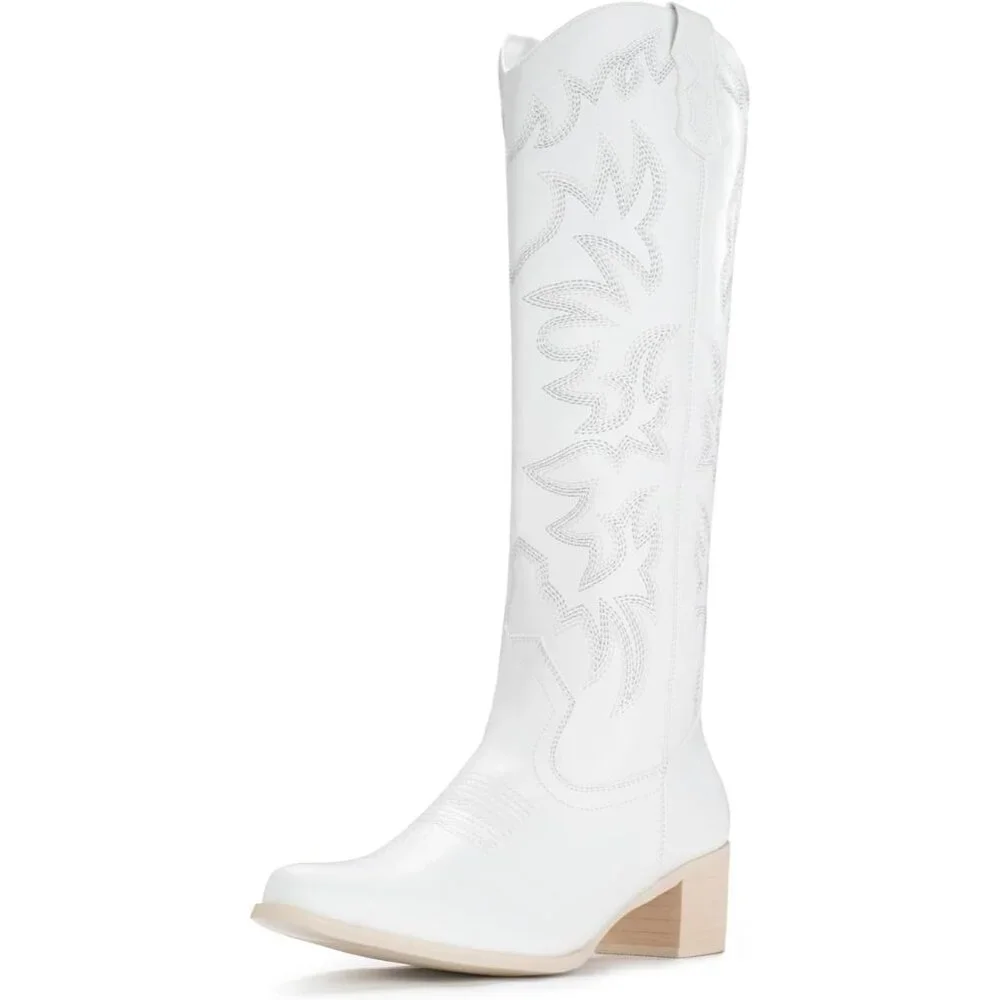 ✨Women White Cowboy Boots Knee High Boots Pointy Toe Boots Chunky Heel Boots
